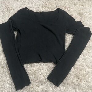 Brandy Melville Cropped Black Waffle Knit Long Sleeve Top